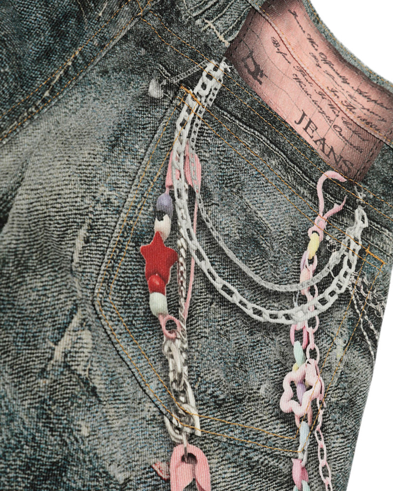 Printed denim shorts
