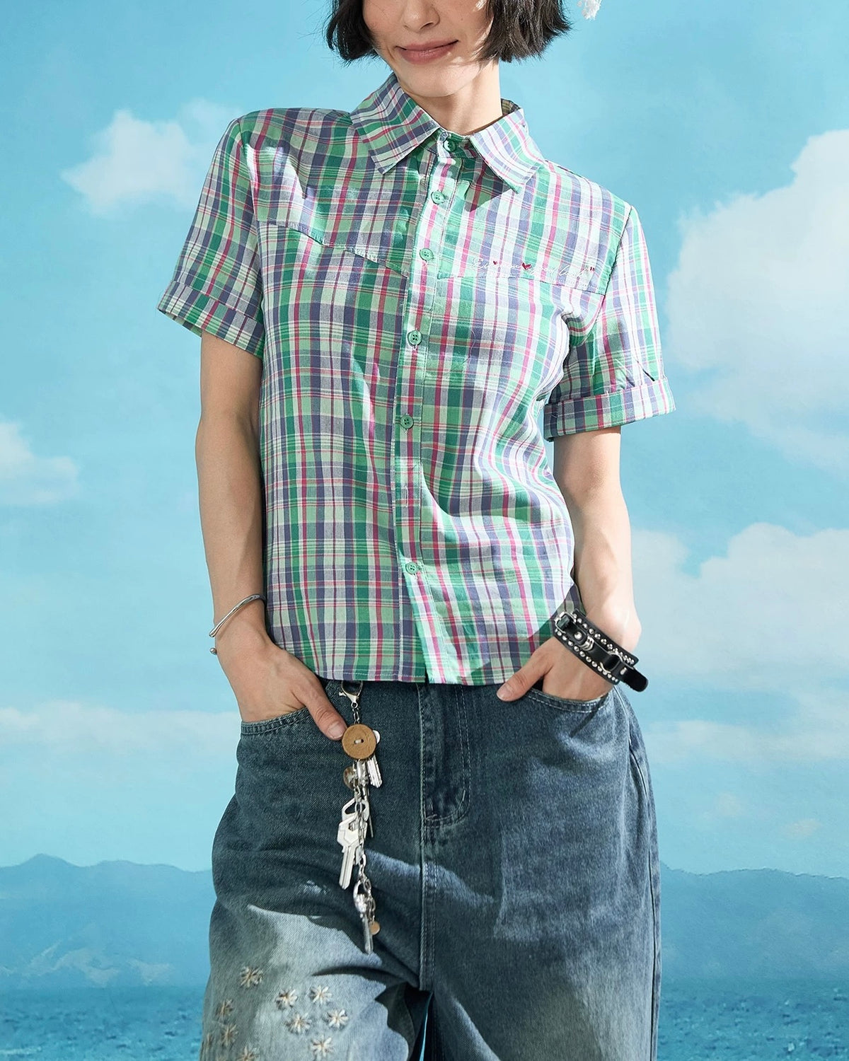 Personality check short-sleeved shirt