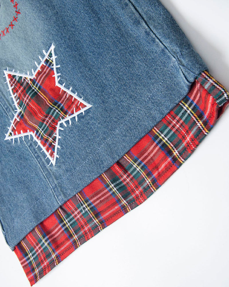 Vintage Plaid Cropped Denim Shorts