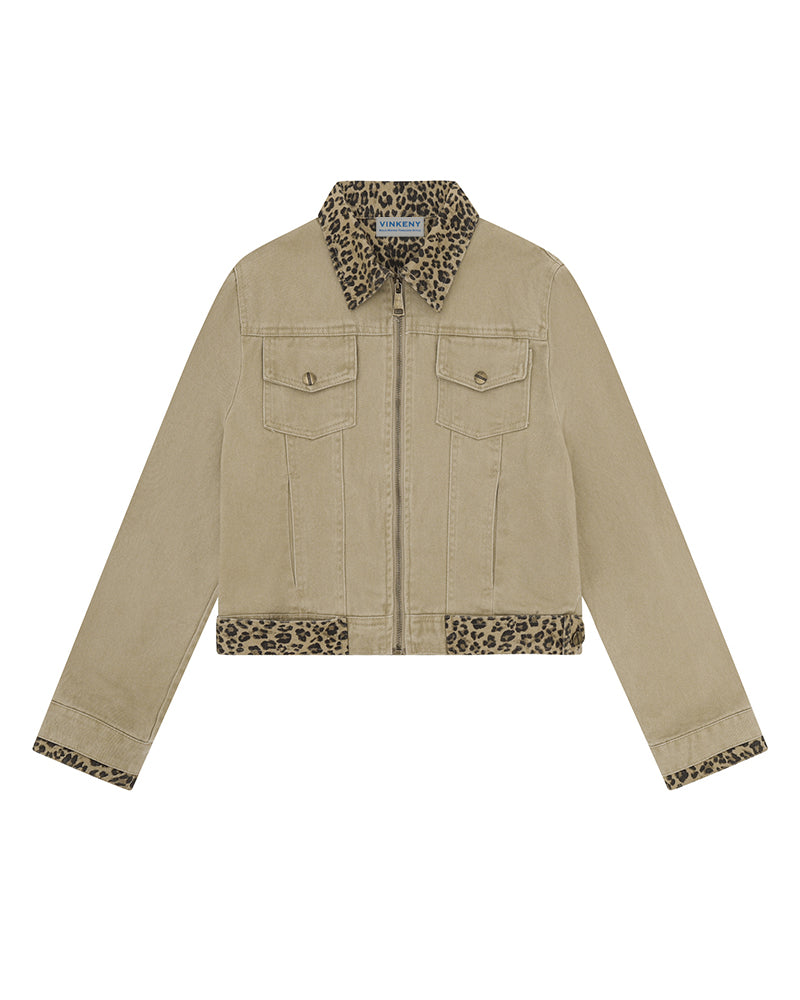 Leopard-print panel utility jacket