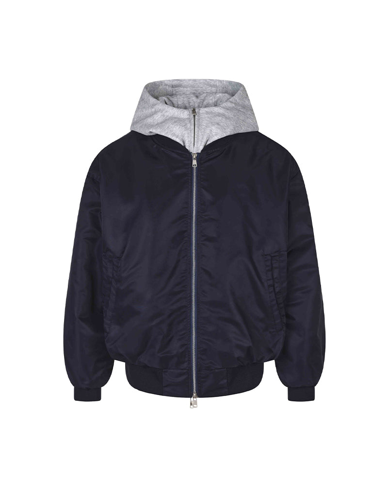 Faux-layered hooded jacket with paneling