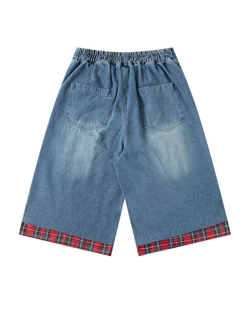Vintage Plaid Cropped Denim Shorts