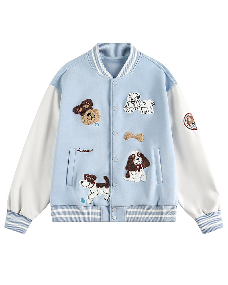 ヴィンテージの子犬の刺繍入りベースボールジャケット