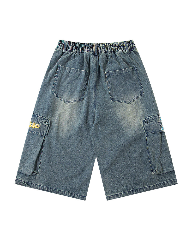 ウォッシュ加工のダメージ加工クロップドデニムショートパンツ