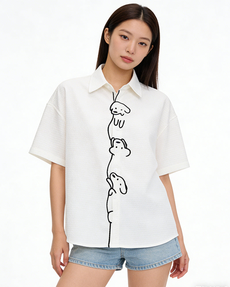 Casual Line-Art Dog Short-Sleeve Shirt
