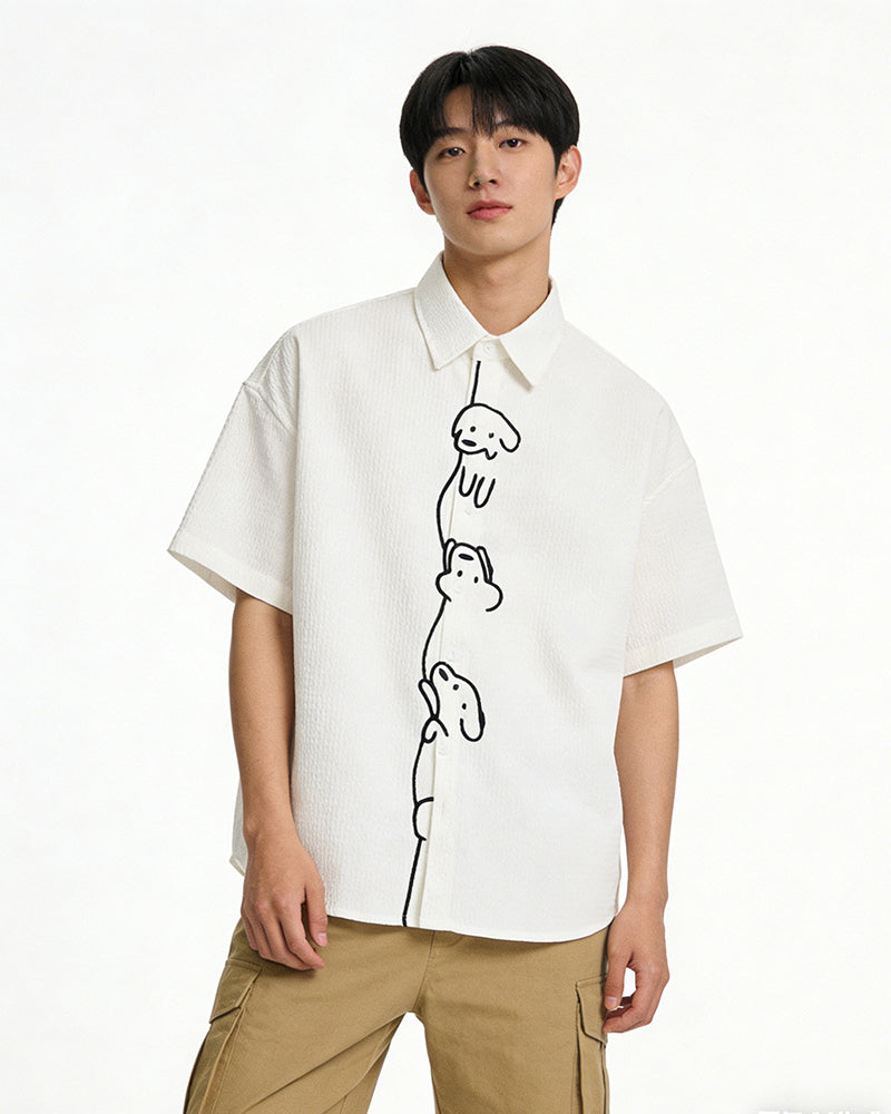 Casual Line-Art Dog Short-Sleeve Shirt