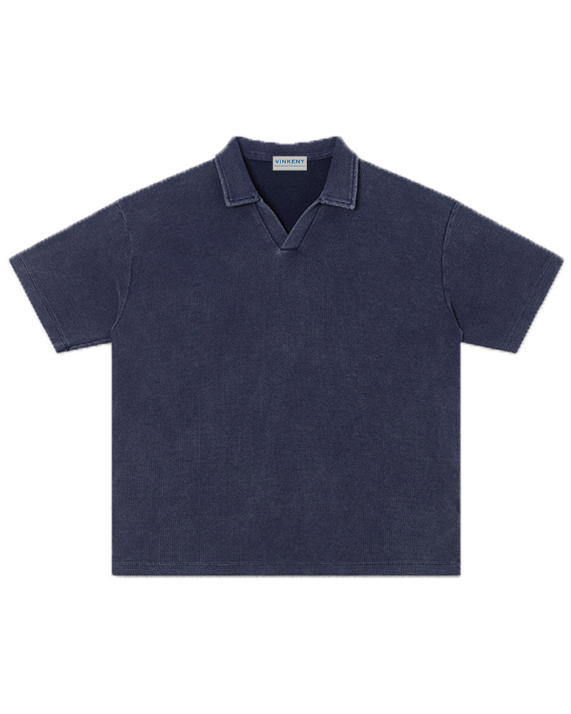 235g Distressed waffle-knit polo shirt