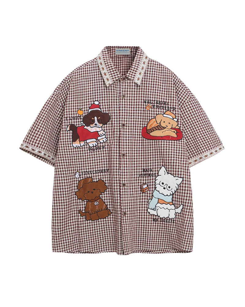漫画の刺繍入りチェックシャツ