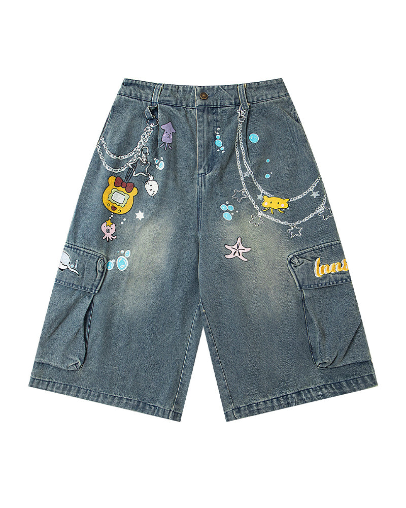 ウォッシュ加工のダメージ加工クロップドデニムショートパンツ