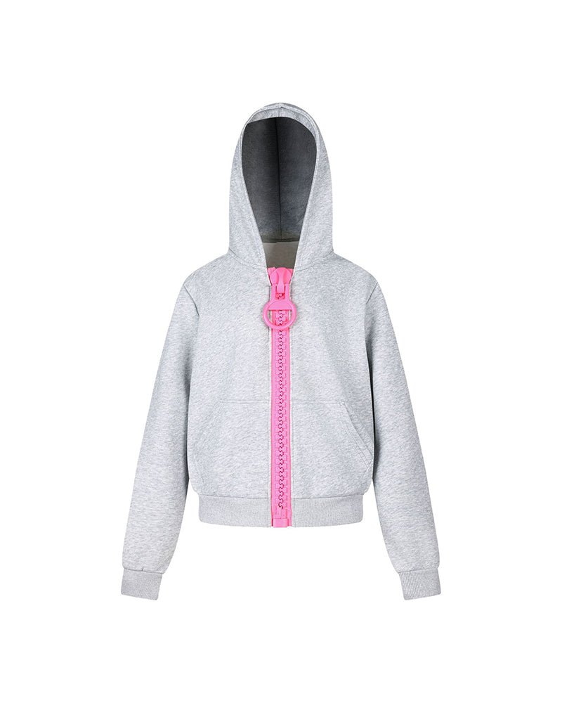 Hooded jacket with large zipper