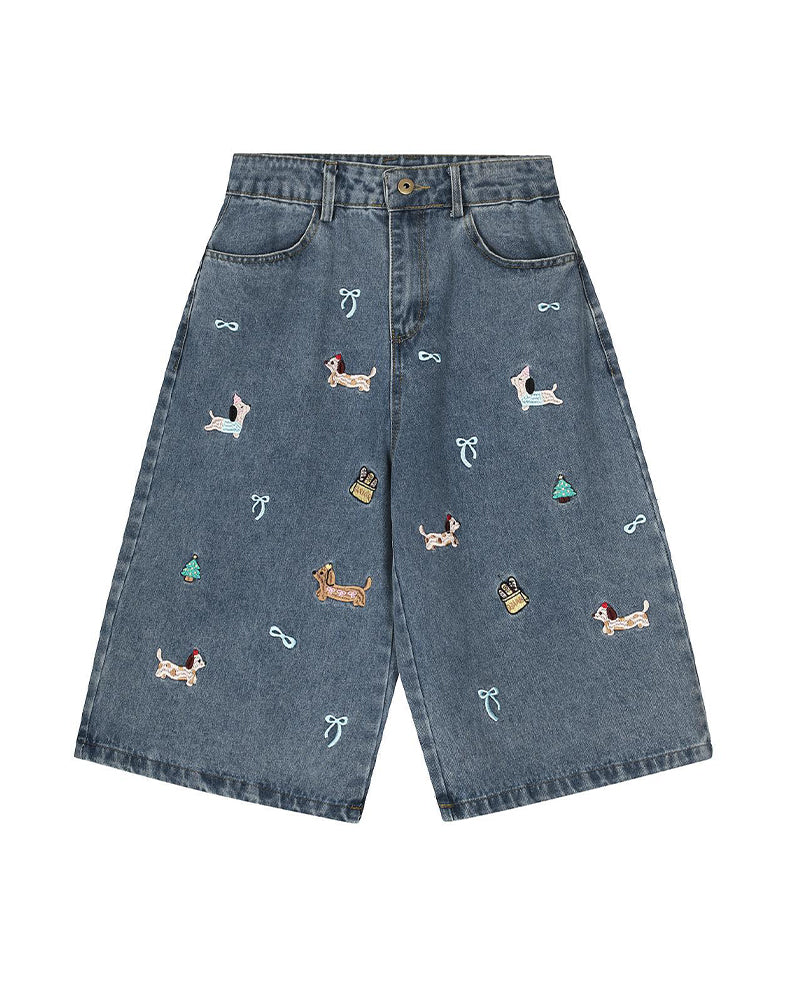 子犬の刺繍入りジーンズ
