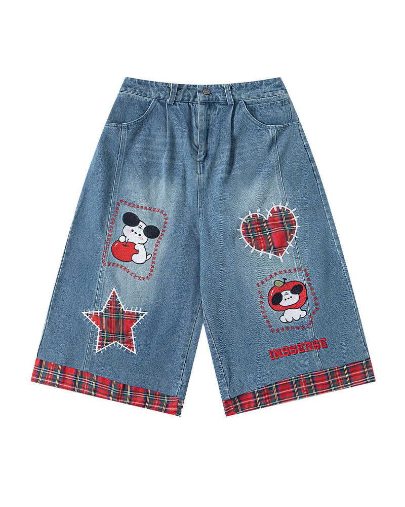 Vintage Plaid Cropped Denim Shorts