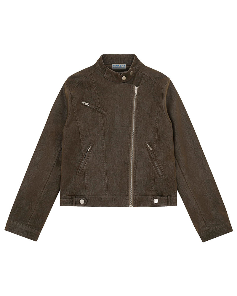 Distressed stand-collar jacket