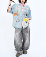 刺繍コントラスト半袖シャツ