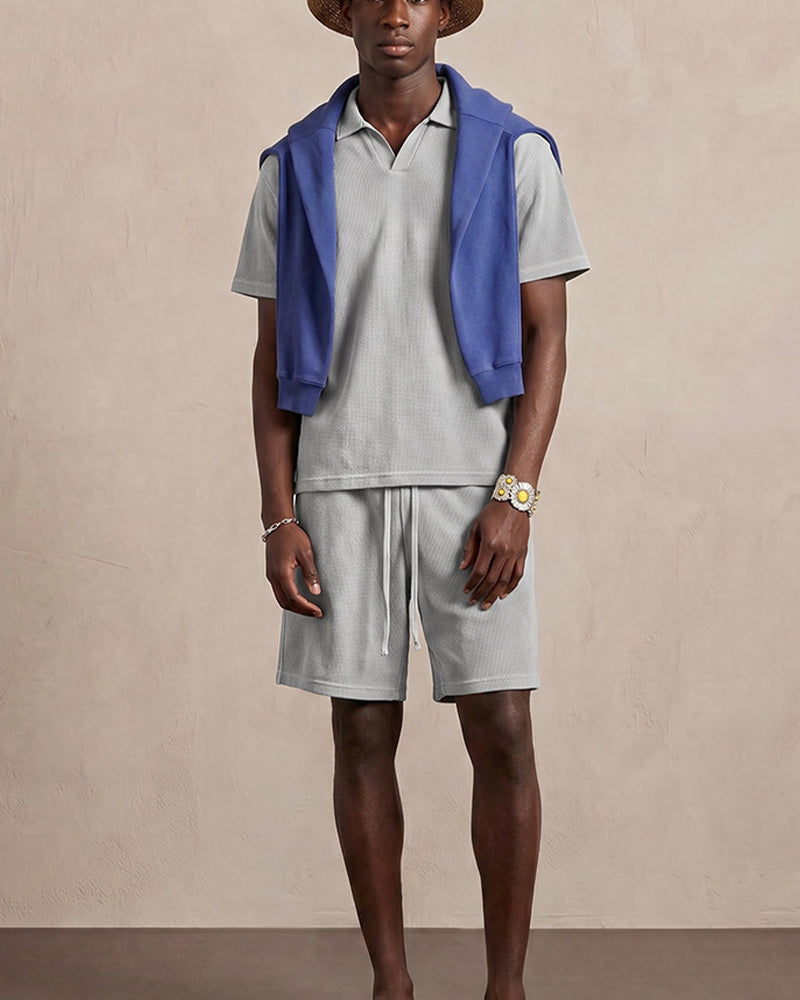 235g Distressed waffle-knit polo shirt