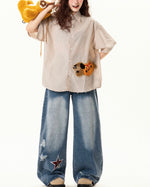 レトロな刺繍のカジュアル半袖