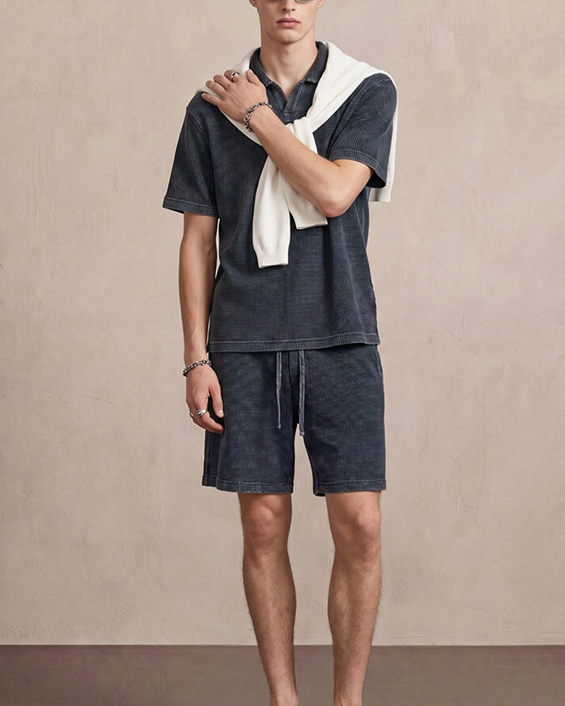 235g Distressed waffle-knit polo shirt