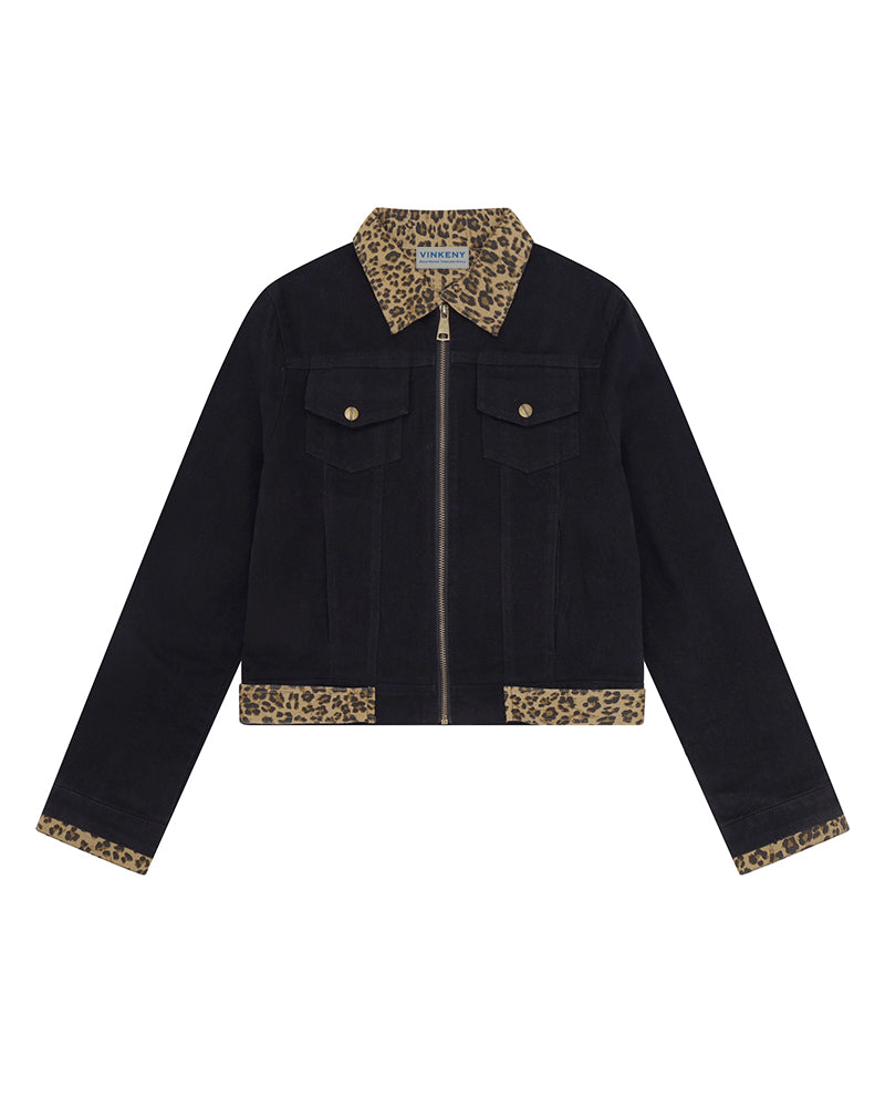 Leopard-print panel utility jacket