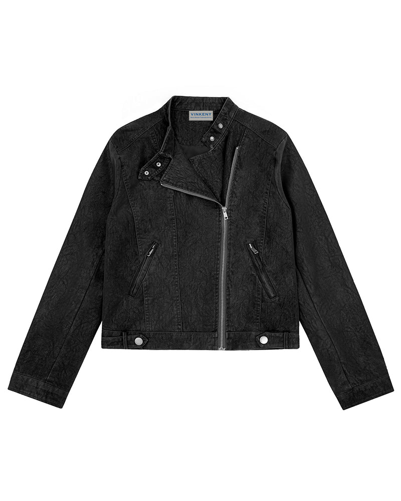 Distressed stand-collar jacket