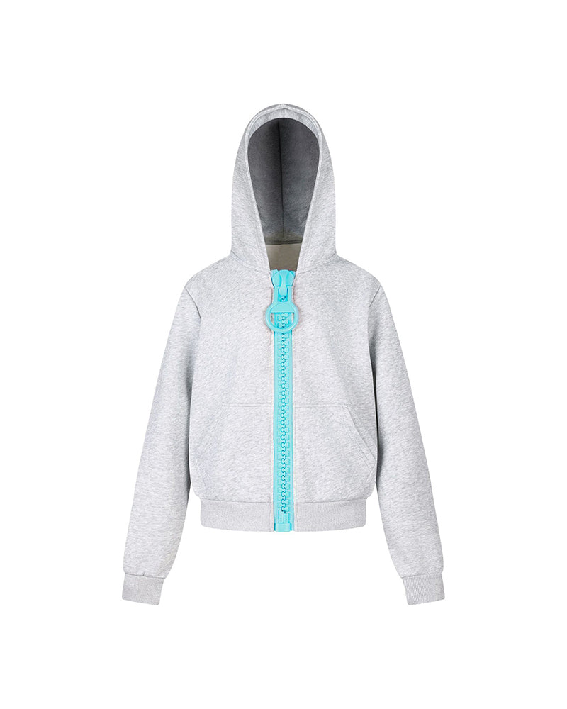 Hooded jacket with large zipper