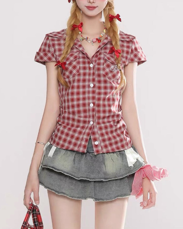 Personality check short-sleeved shirt