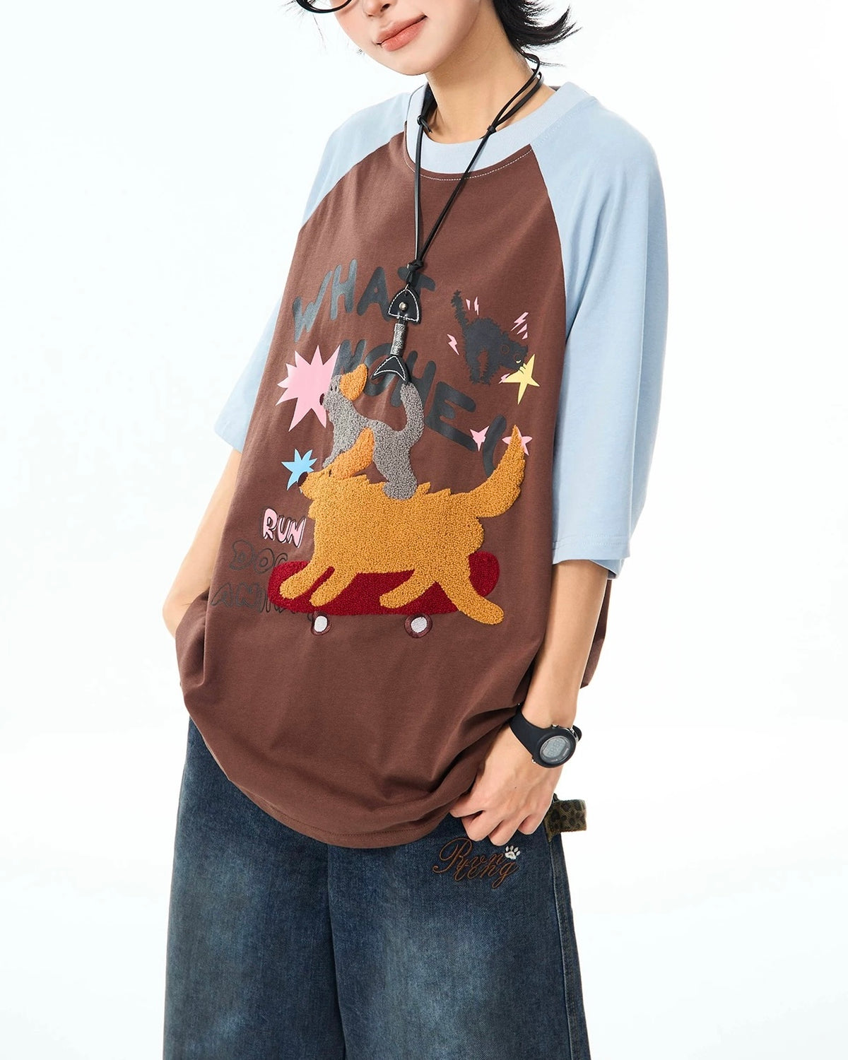 Contrast color skateboard puppy short sleeves