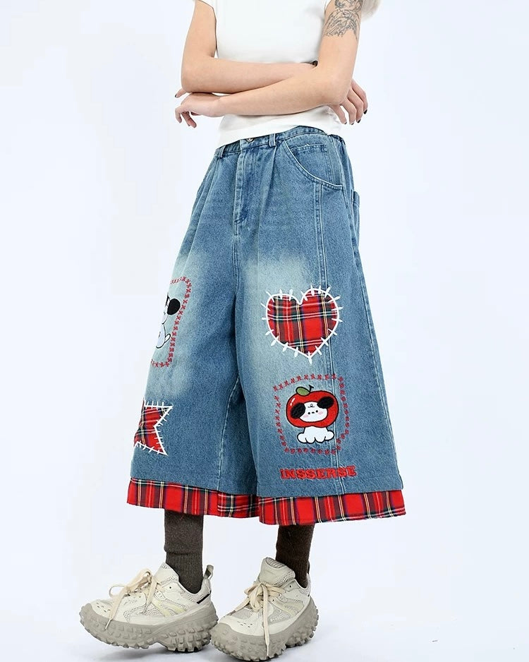 Vintage Plaid Cropped Denim Shorts