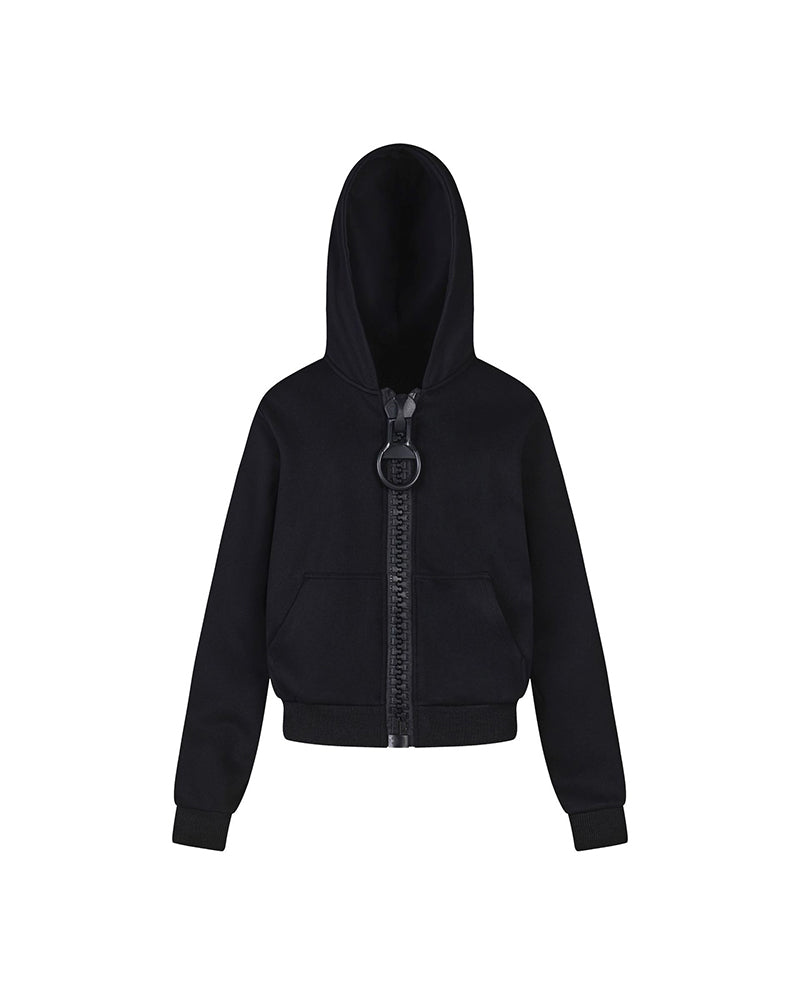Hooded jacket with large zipper