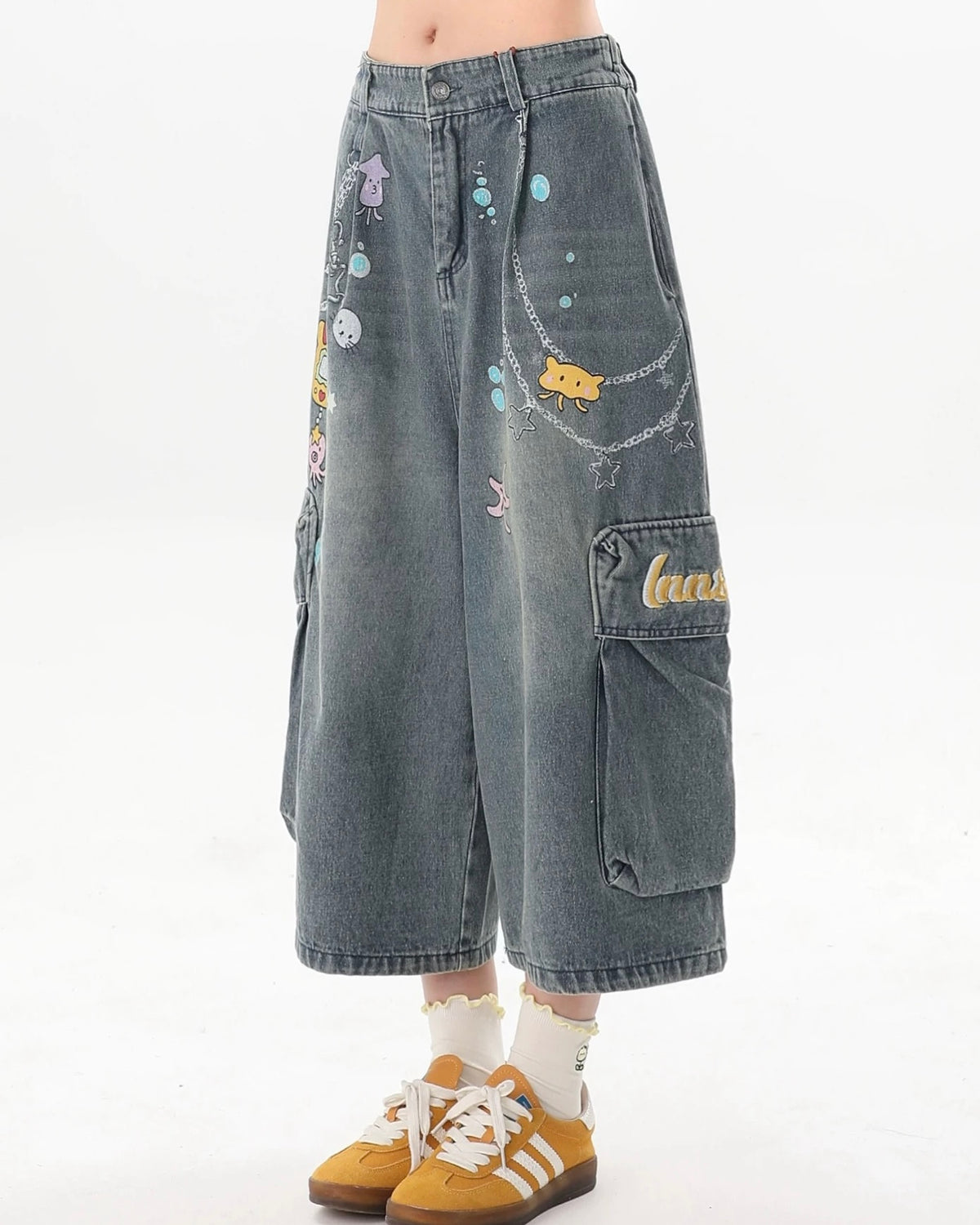ウォッシュ加工のダメージ加工クロップドデニムショートパンツ