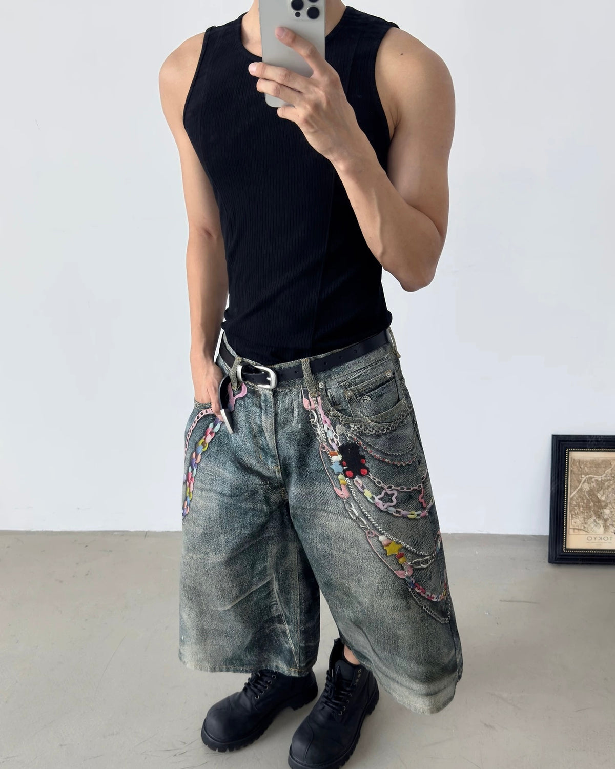 Printed denim shorts