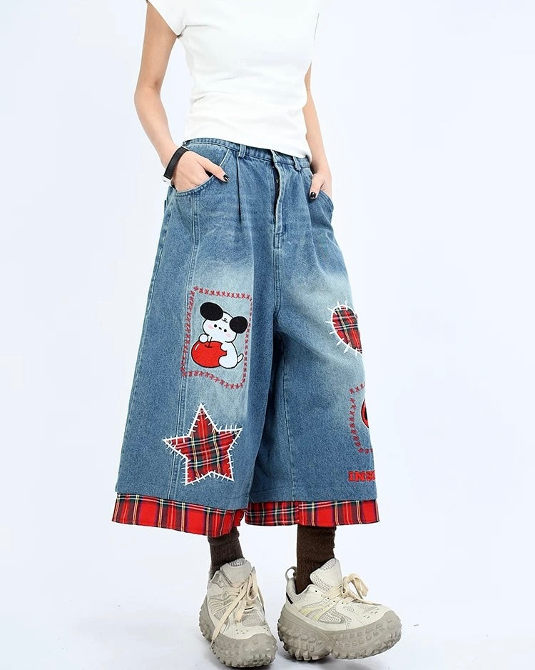Vintage Plaid Cropped Denim Shorts