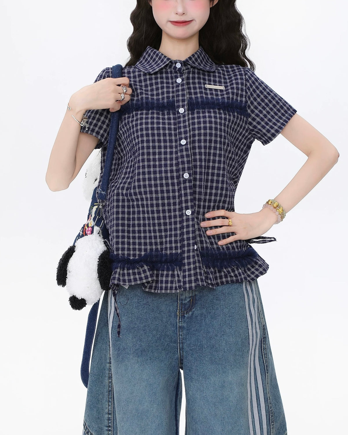 Check short-sleeved shirt