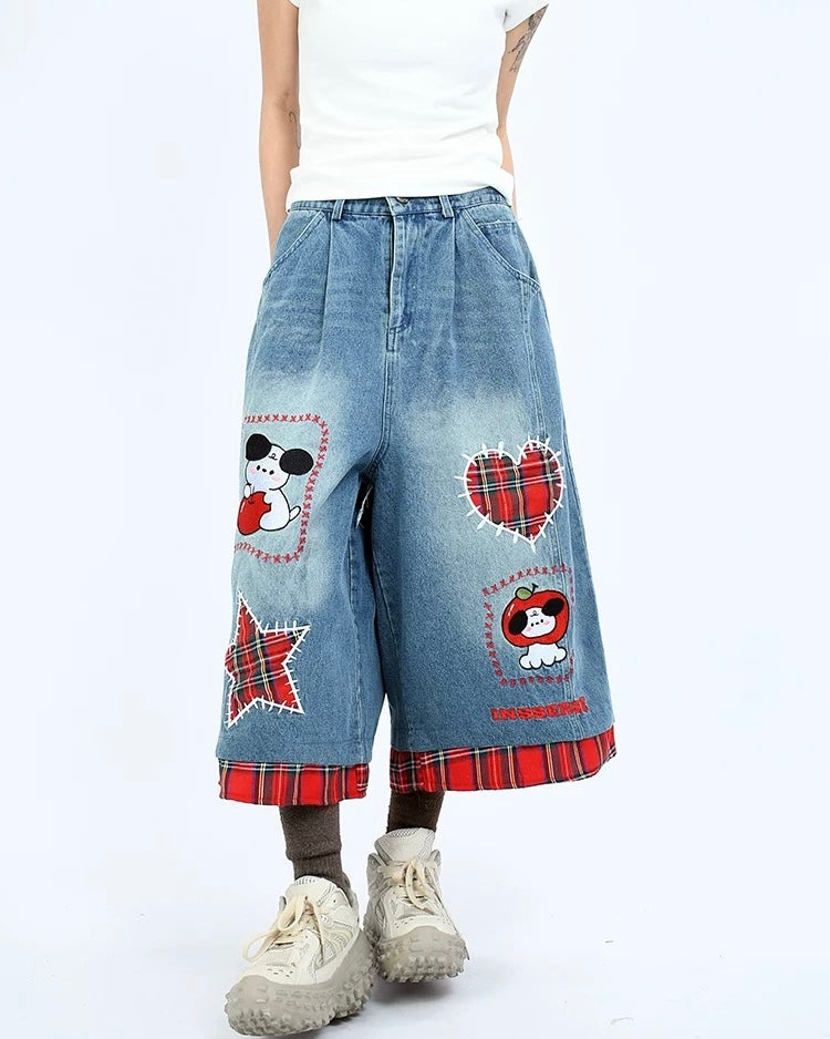 Vintage Plaid Cropped Denim Shorts