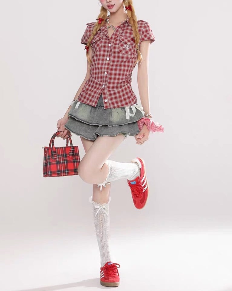 Personality check short-sleeved shirt
