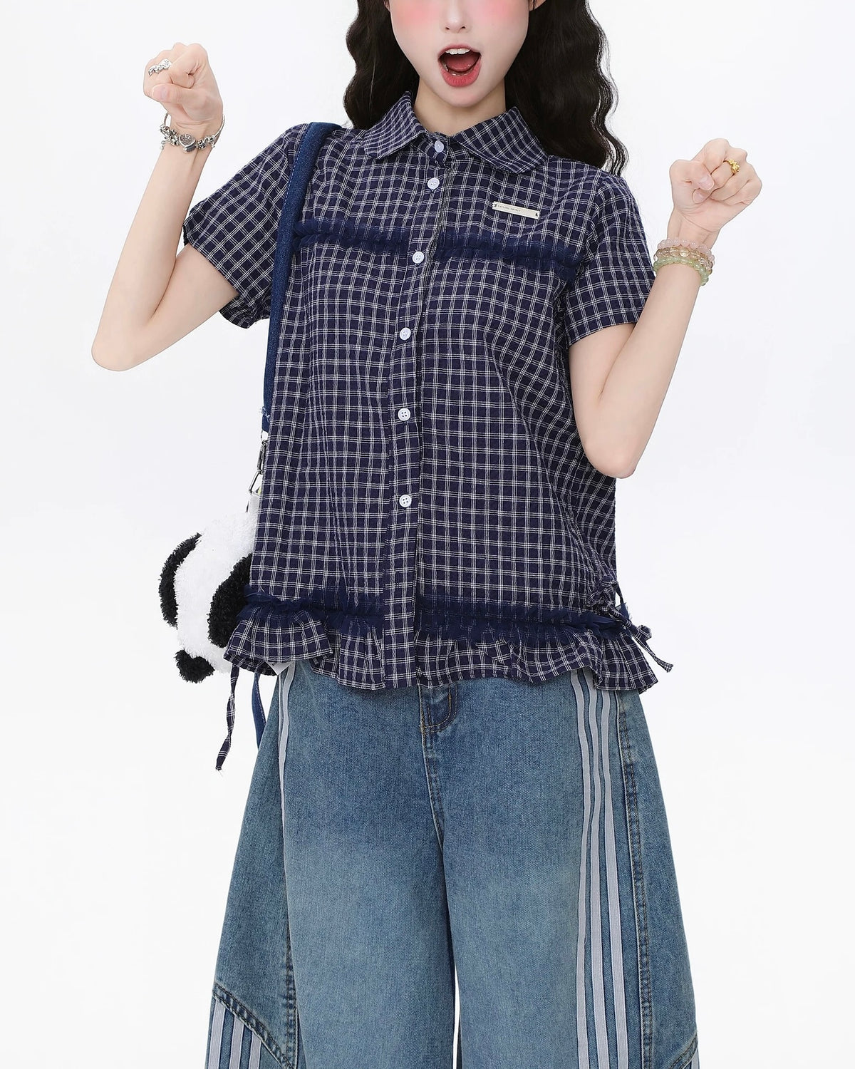 Check short-sleeved shirt