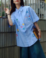 小花柄チェック柄半袖シャツ