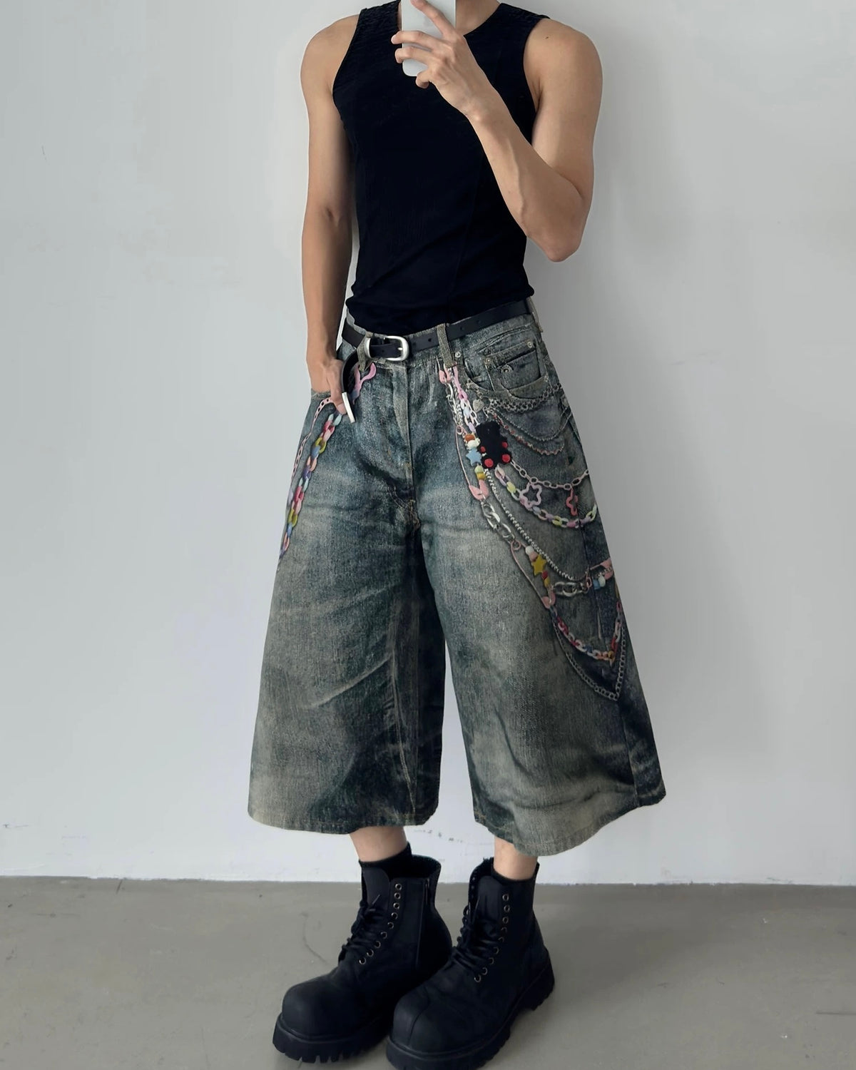 Printed denim shorts