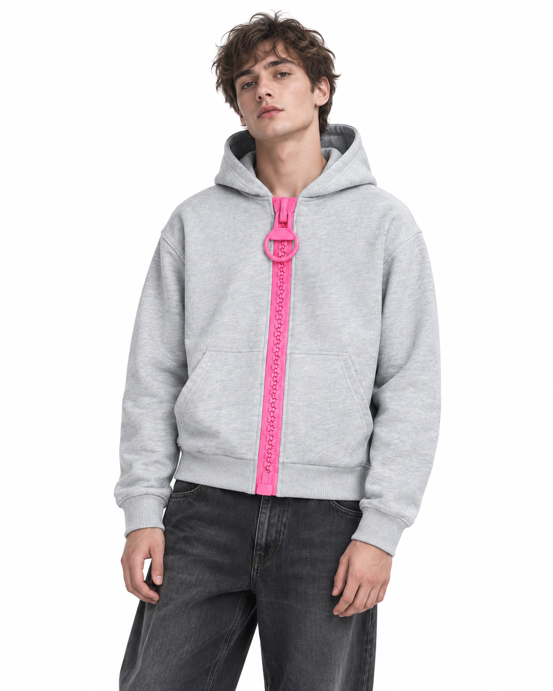 Hooded jacket with large zipper