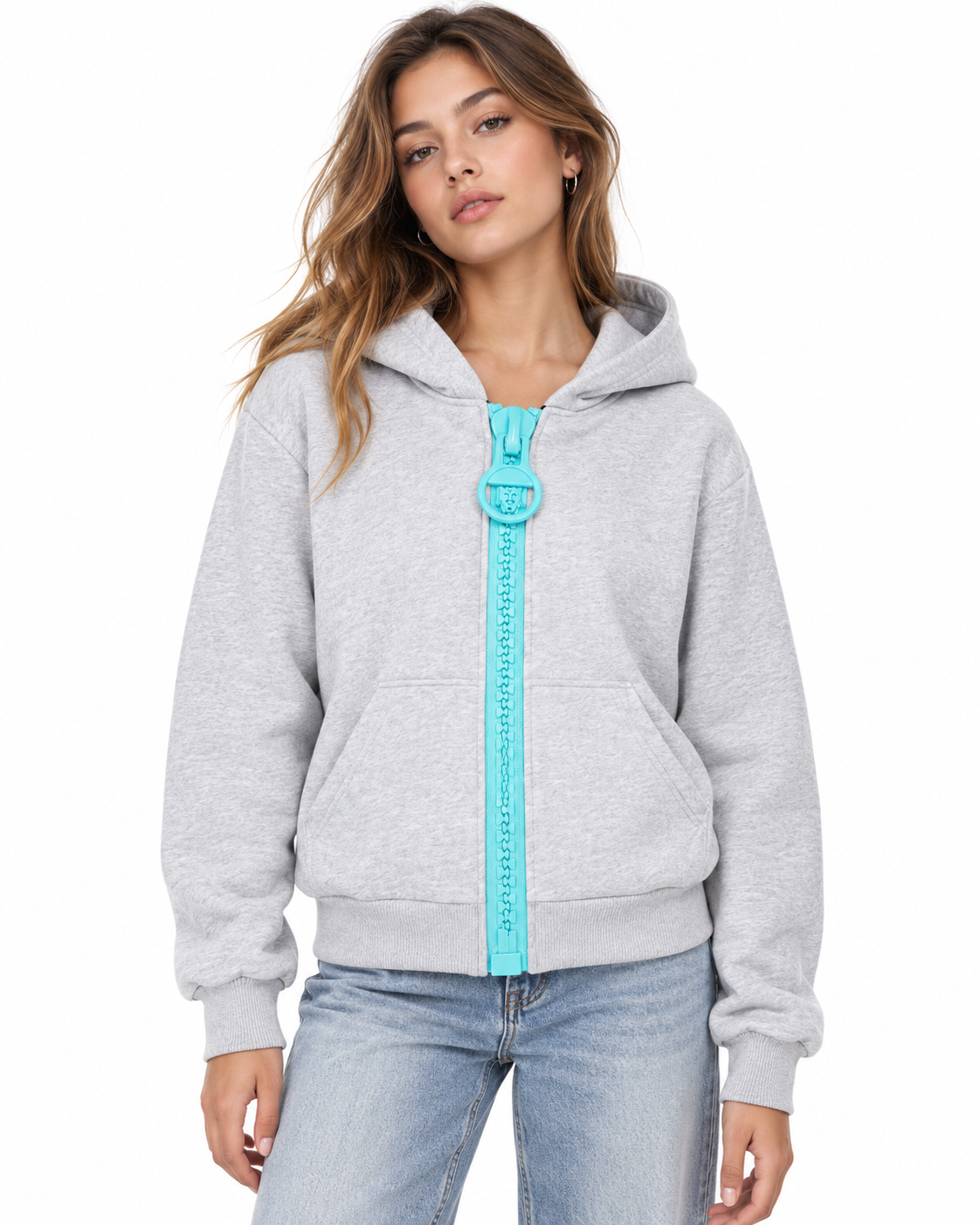 Hooded jacket with large zipper