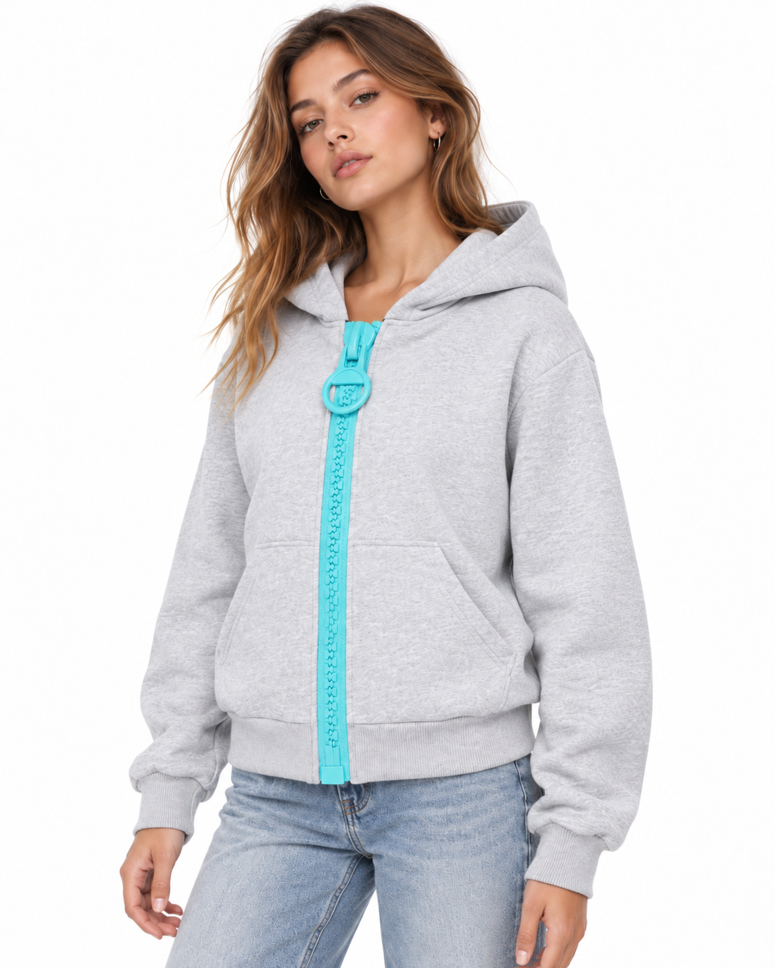 Hooded jacket with large zipper