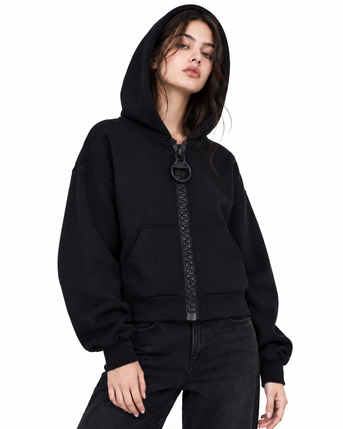 Hooded jacket with large zipper