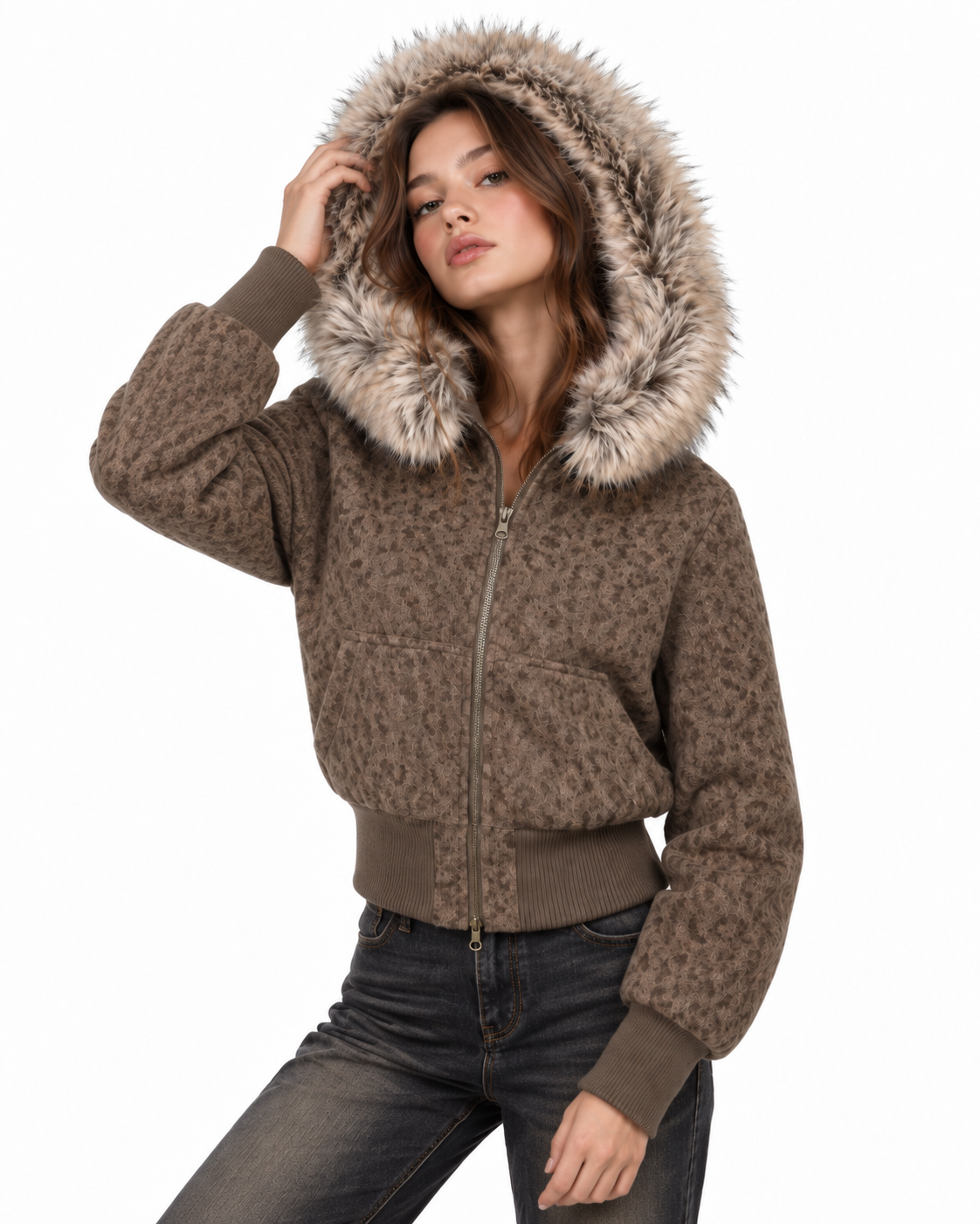 Leopard-print hooded jacket