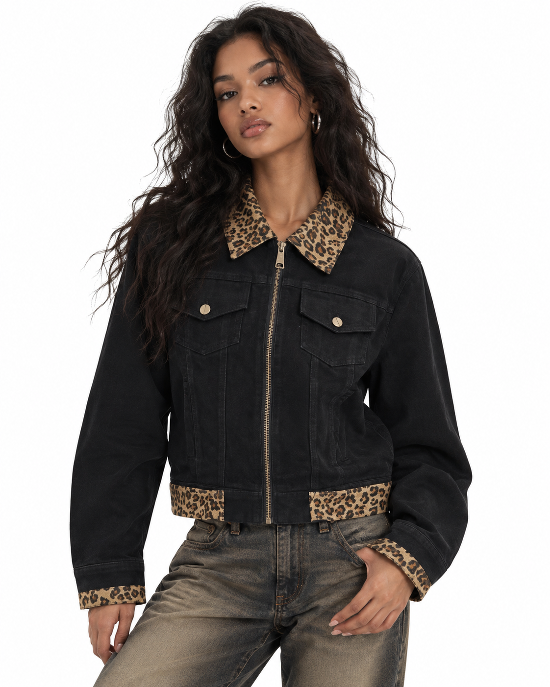 Leopard-print panel utility jacket