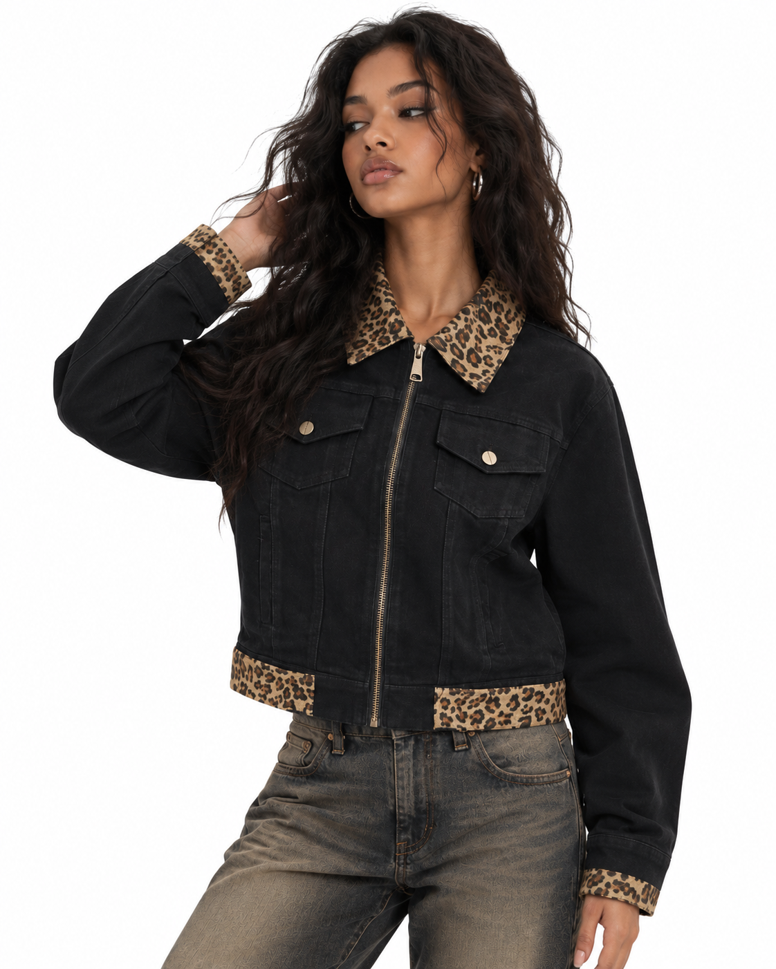 Leopard-print panel utility jacket