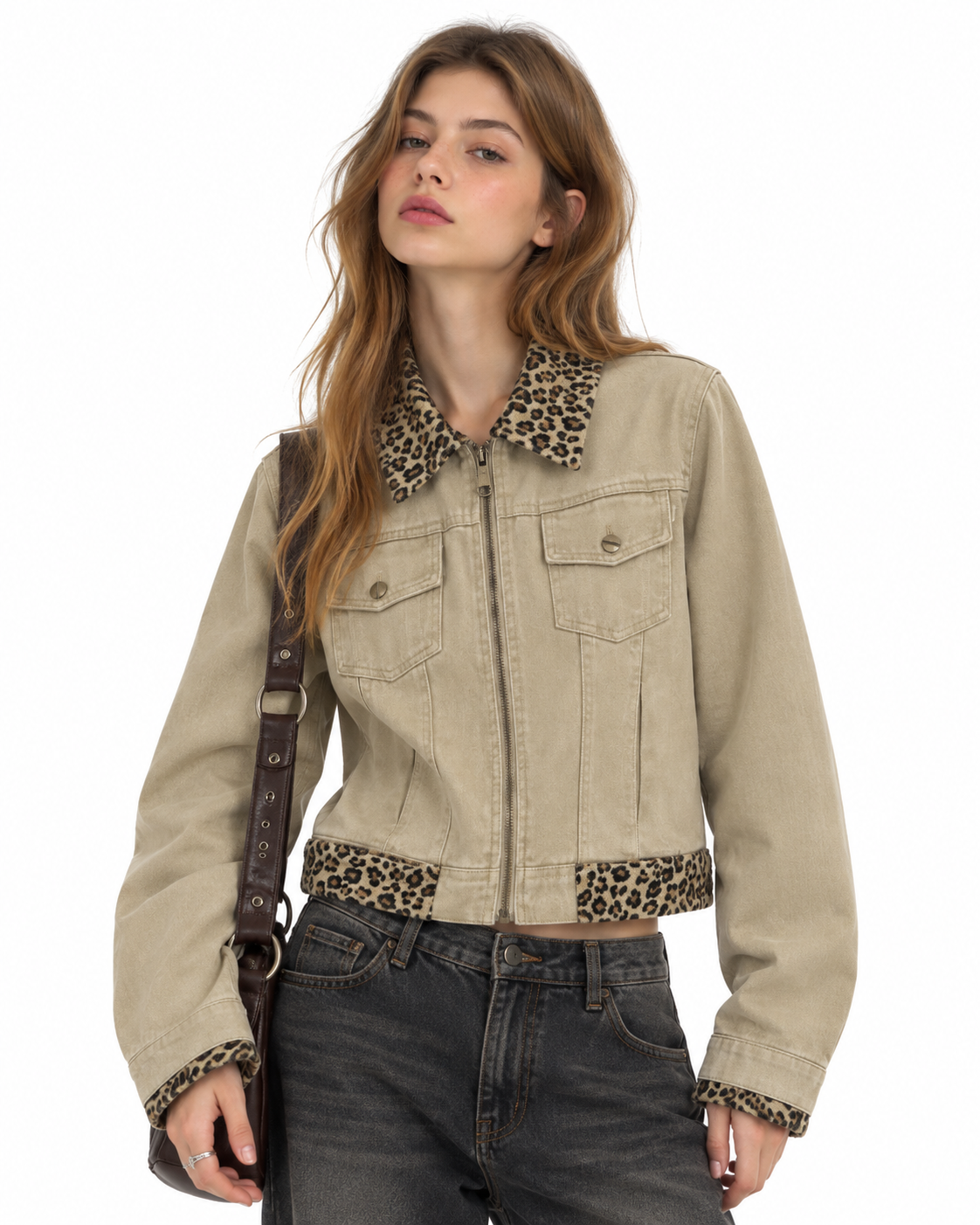 Leopard-print panel utility jacket