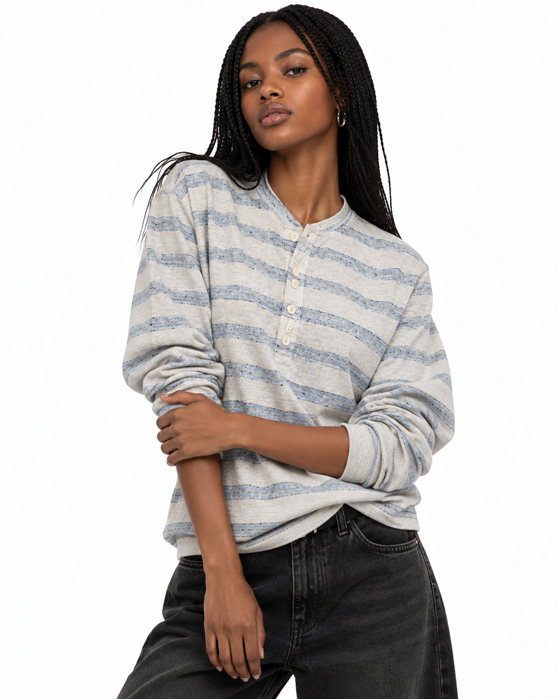 Striped long-sleeve Henley shirt