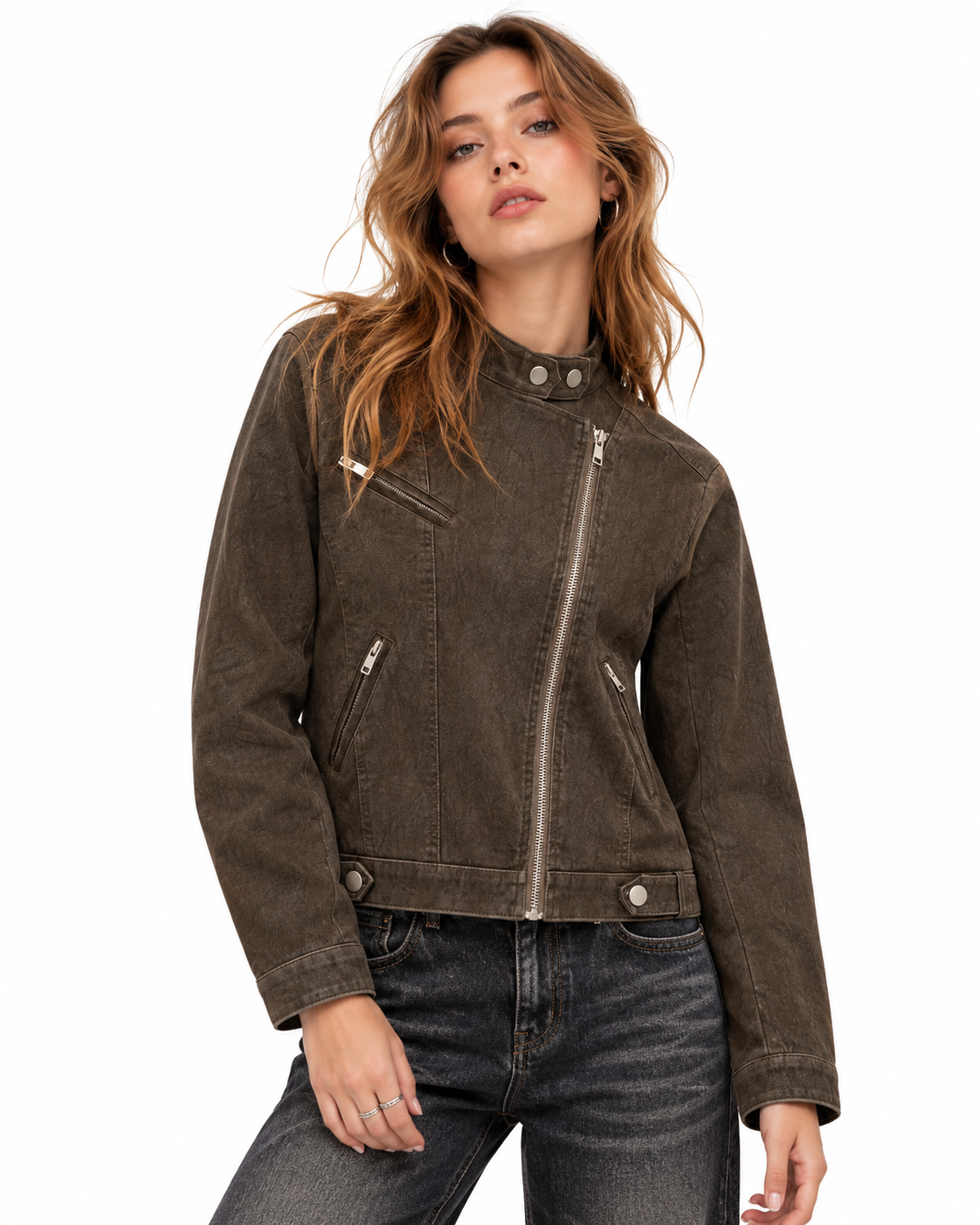 Distressed stand-collar jacket