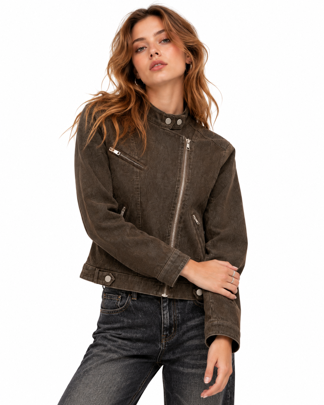 Distressed stand-collar jacket