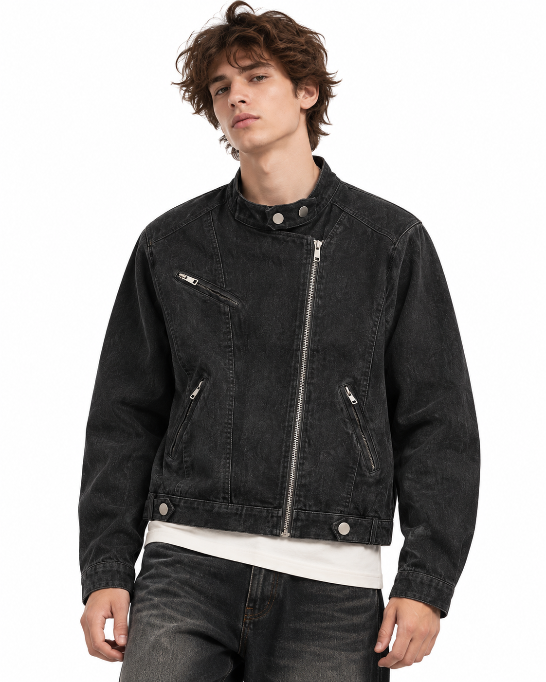 Distressed stand-collar jacket