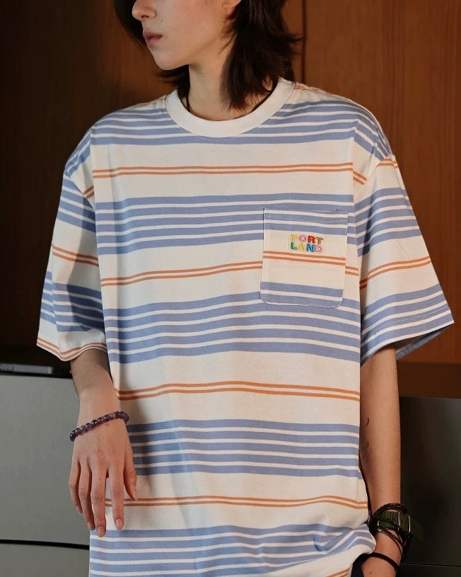 Colorful striped short sleeves with embroidered logo